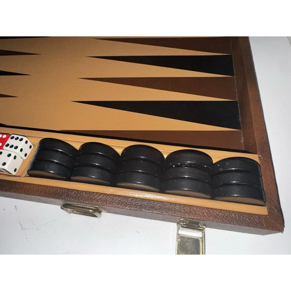 Vintage Full Size Backgammon Game Set Large Portable Brown Case Complete